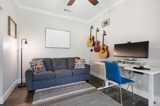 home office with ceiling fan, dark hardwood / wood-style flooring, and ornamental molding