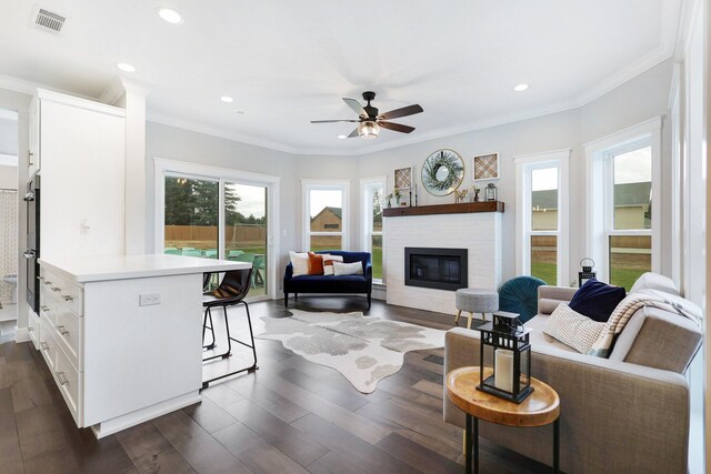 living room with ceiling fan, dark wood-type flooring, and ornamental molding