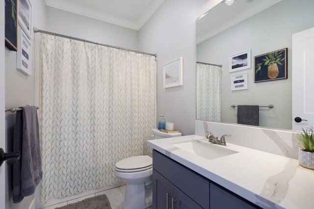 bathroom featuring tile patterned floors, toilet, walk in shower, and vanity