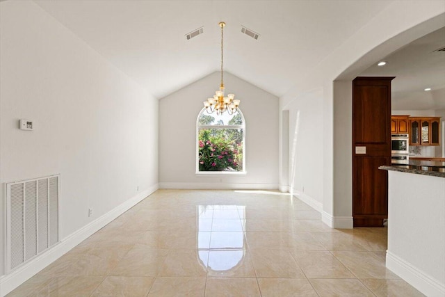 unfurnished dining area featuring light tile patterned floors, lofted ceiling, and an inviting chandelier