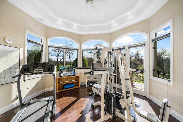 workout room featuring ceiling fan, dark hardwood / wood-style floors, and a tray ceiling