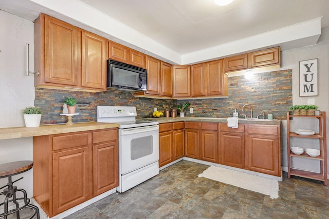 kitchen with tasteful backsplash, white range with electric cooktop, and sink