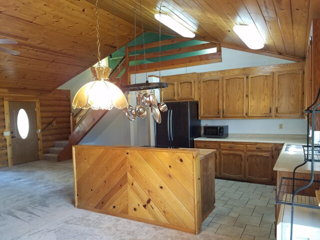 kitchen featuring wood ceiling, black fridge, vaulted ceiling, log walls, and light tile patterned flooring