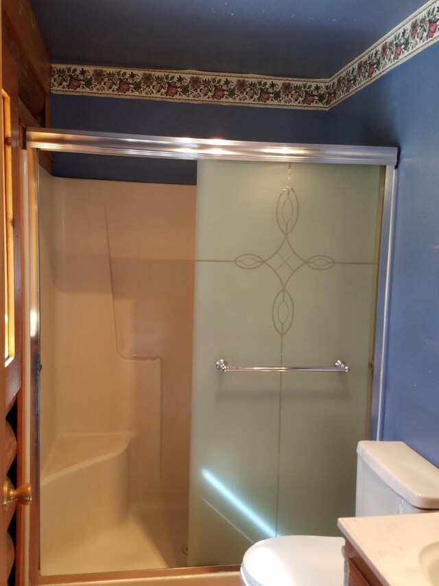 bathroom with vanity, walk in shower, and toilet