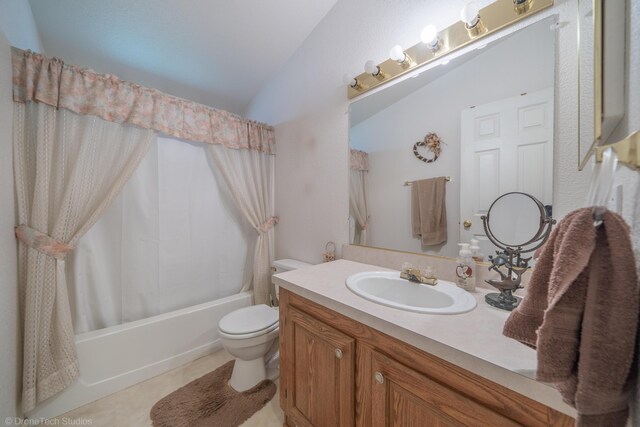 full bathroom featuring toilet, tile patterned flooring, vanity, shower / bathtub combination with curtain, and lofted ceiling