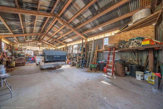 garage with a workshop area