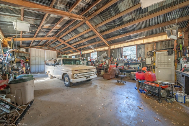 garage featuring a workshop area