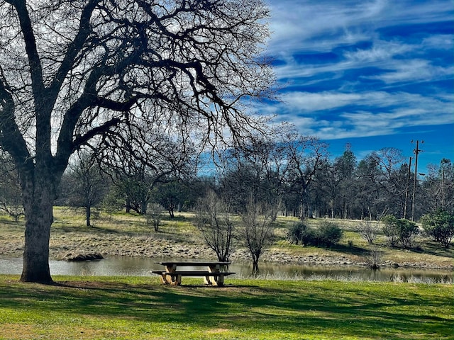 view of home's community featuring a water view and a yard