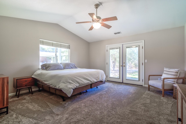 bedroom featuring multiple windows, access to outside, dark colored carpet, and ceiling fan