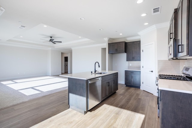 kitchen with sink, stainless steel appliances, a raised ceiling, and a center island with sink