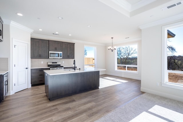 kitchen with dark brown cabinetry, crown molding, decorative light fixtures, appliances with stainless steel finishes, and a kitchen island with sink