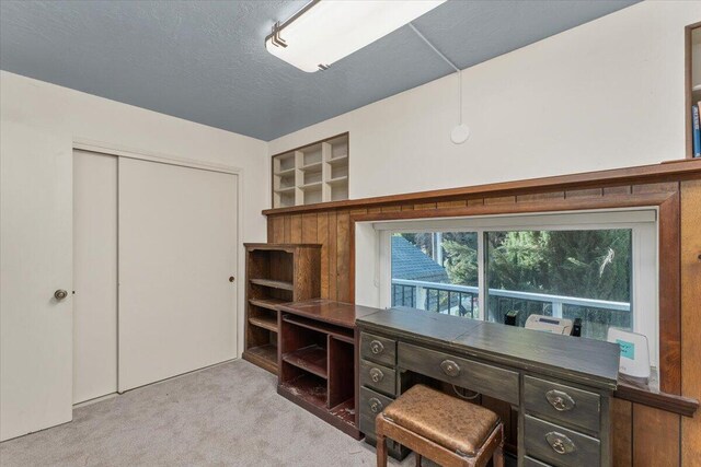 office area featuring a textured ceiling and light colored carpet