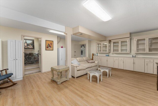 living room featuring a textured ceiling and light hardwood / wood-style floors