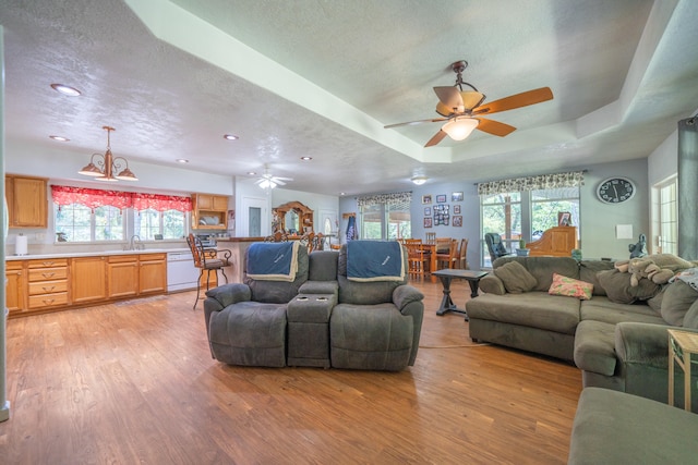 living room with ceiling fan, light hardwood / wood-style flooring, and a healthy amount of sunlight