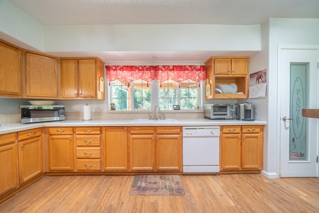 kitchen featuring sink, white dishwasher, and light hardwood / wood-style flooring