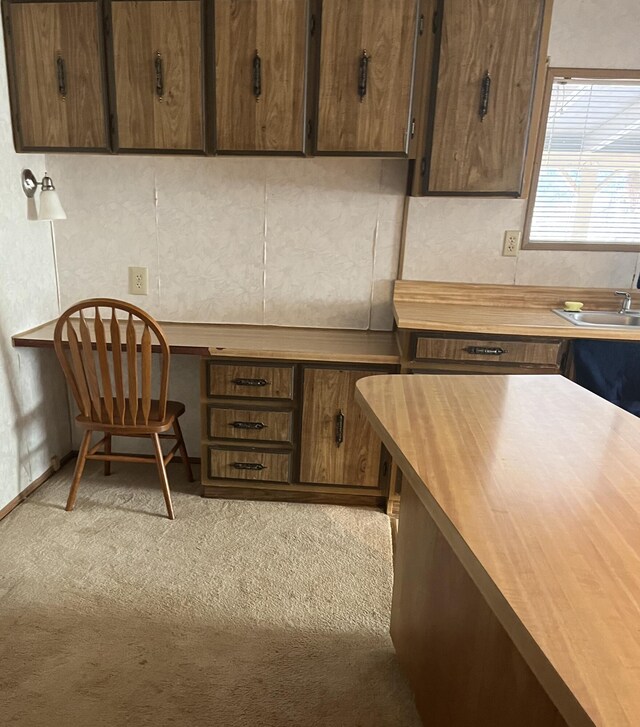 unfurnished office featuring light colored carpet, built in desk, and sink