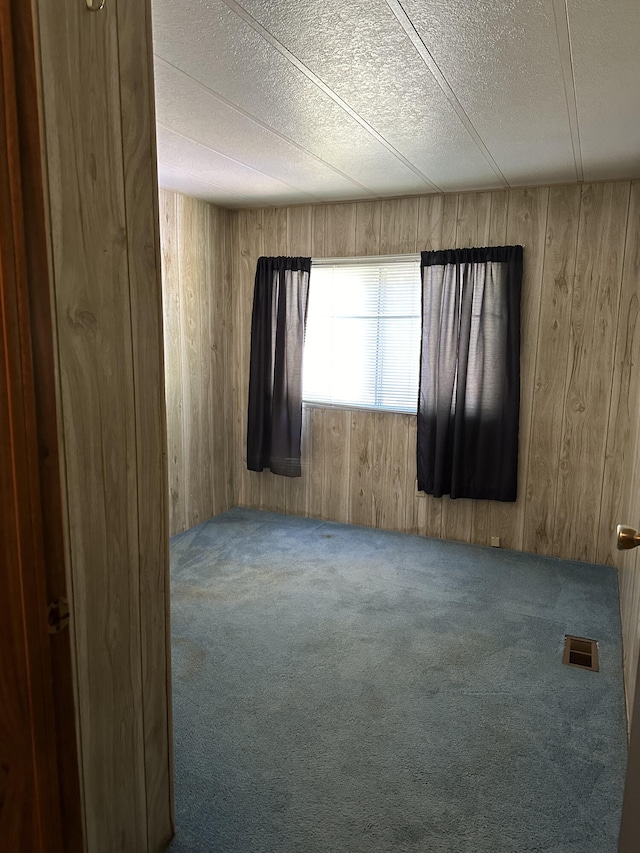 carpeted spare room with a textured ceiling and wooden walls