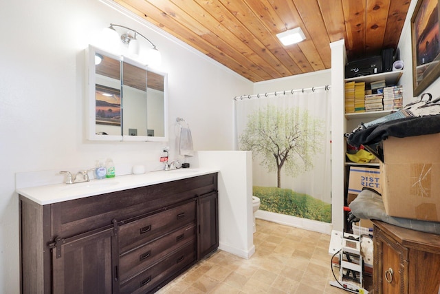 bathroom featuring toilet, crown molding, vanity, wood ceiling, and a shower with curtain