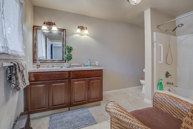 full bathroom featuring shower / bathing tub combination, vanity, toilet, and plenty of natural light