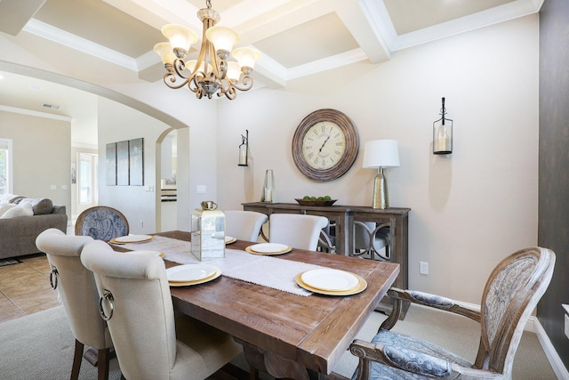 dining space featuring crown molding, beamed ceiling, light tile patterned floors, and an inviting chandelier