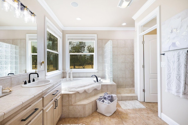 bathroom with vanity, ornamental molding, independent shower and bath, and plenty of natural light