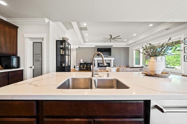 kitchen featuring light stone countertops, a kitchen island with sink, crown molding, sink, and ceiling fan