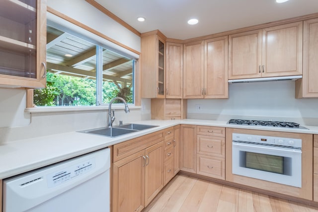 kitchen featuring light wood-type flooring, sink, light brown cabinets, and white appliances