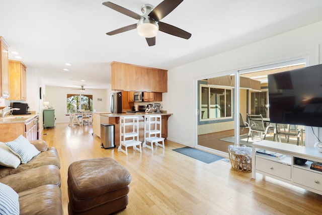 living room with light hardwood / wood-style flooring and ceiling fan