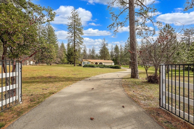 view of street with a gate, a gated entry, and aphalt driveway