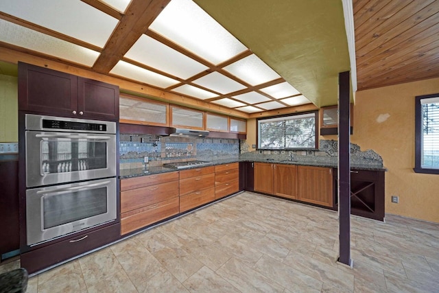 kitchen featuring decorative backsplash, a wealth of natural light, appliances with stainless steel finishes, and dark stone counters