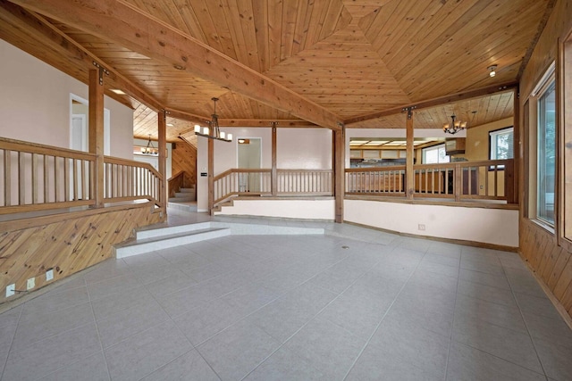 unfurnished living room with wood ceiling, wooden walls, a chandelier, and tile patterned floors