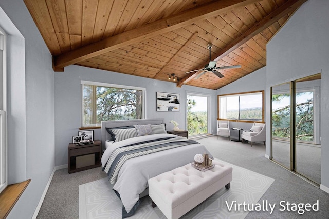 carpeted bedroom with ceiling fan, vaulted ceiling with beams, wood ceiling, and access to exterior