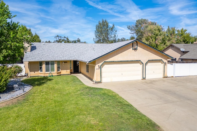 single story home with a front lawn and a garage