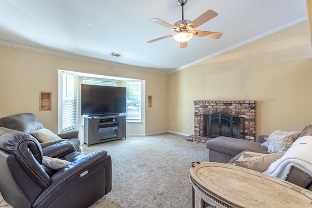 living room with ceiling fan, ornamental molding, light carpet, and a brick fireplace