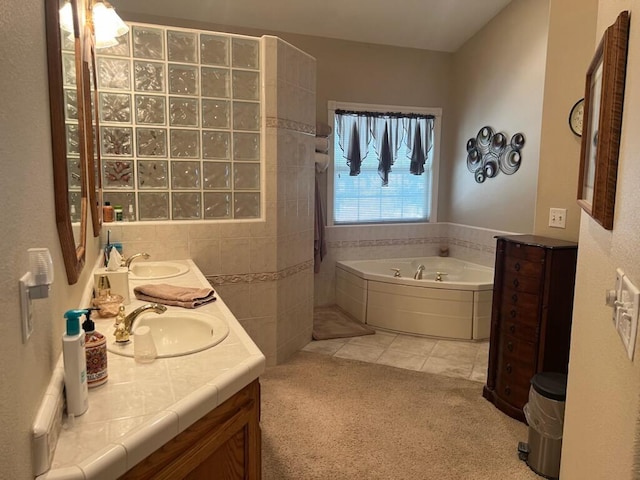 bathroom with vanity, tile patterned floors, and shower with separate bathtub