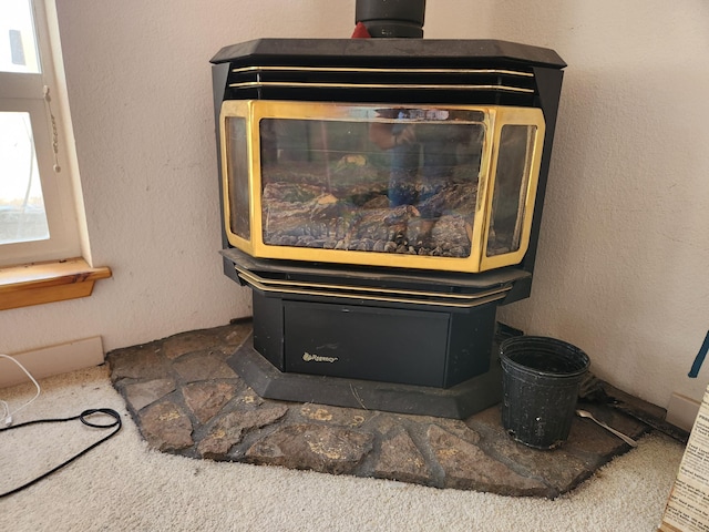 details featuring carpet flooring and a wood stove