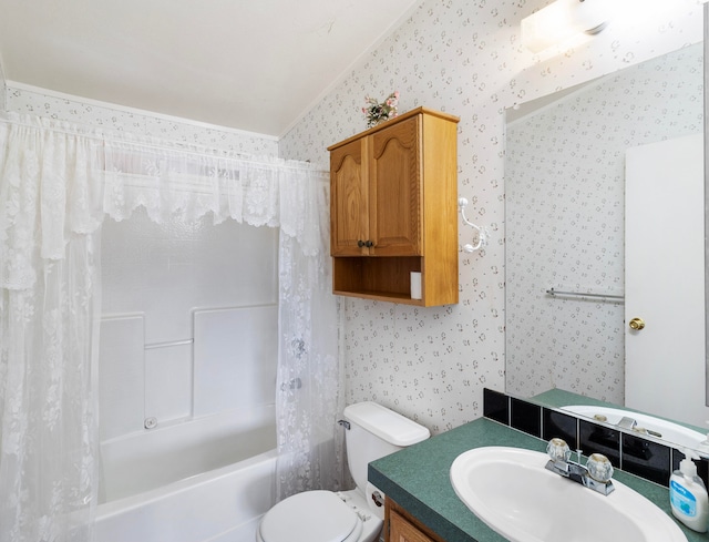 full bathroom with ornamental molding, vanity, shower / tub combo, and toilet