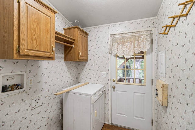 laundry area featuring a textured ceiling, crown molding, washer / dryer, and cabinets