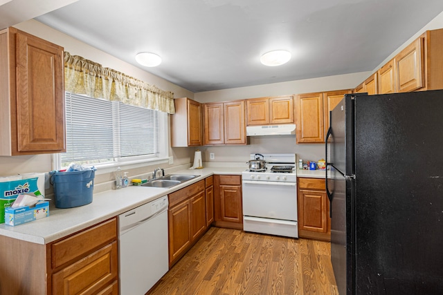 kitchen featuring hardwood / wood-style flooring, sink, and white appliances