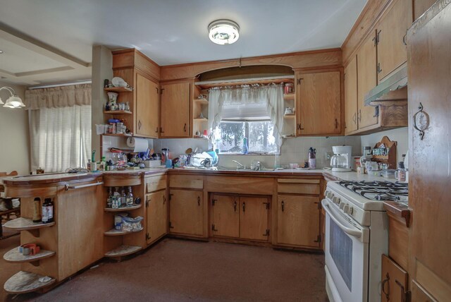 kitchen featuring white range with gas stovetop, decorative backsplash, and sink