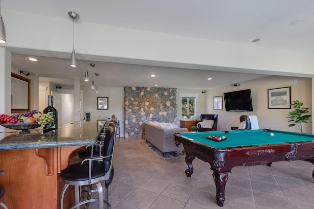 game room with tile patterned floors, billiards, and bar