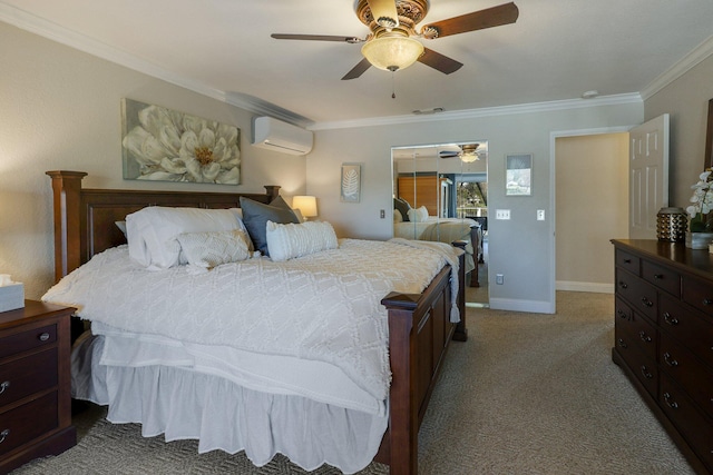 carpeted bedroom with ornamental molding, ceiling fan, and a wall unit AC