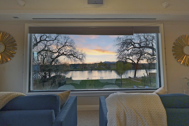 interior space with a wealth of natural light and a water view