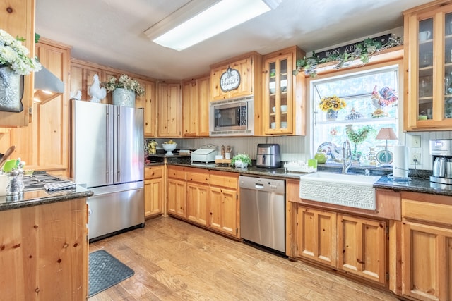 kitchen with light wood-type flooring, dark stone countertops, sink, and stainless steel appliances