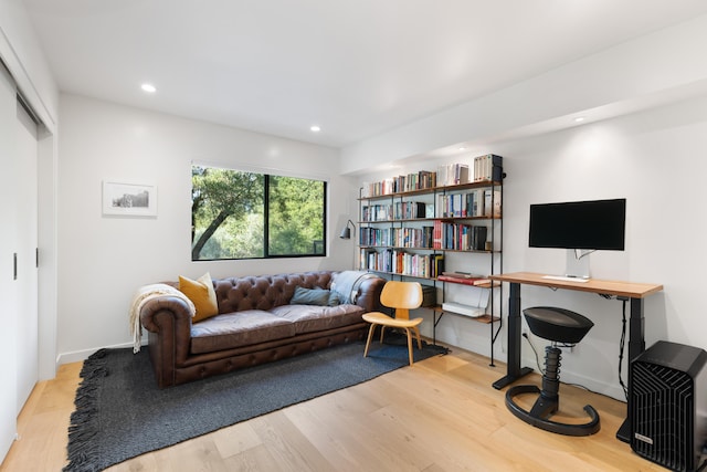 living room featuring baseboards, wood finished floors, and recessed lighting