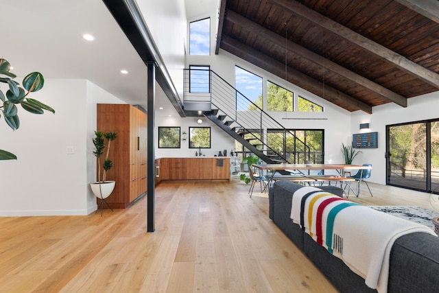 bedroom featuring high vaulted ceiling, beam ceiling, wooden ceiling, and light wood-style flooring