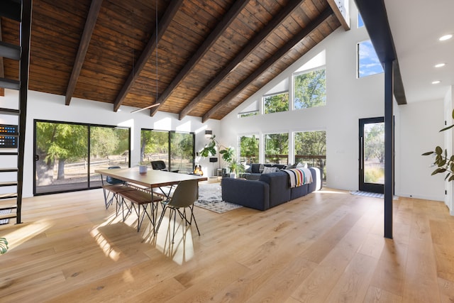 sunroom featuring lofted ceiling with beams and wooden ceiling