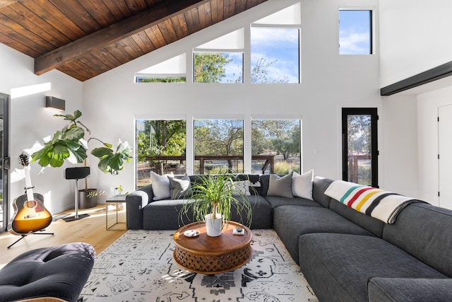 living area featuring lofted ceiling with beams, wooden ceiling, plenty of natural light, and wood finished floors