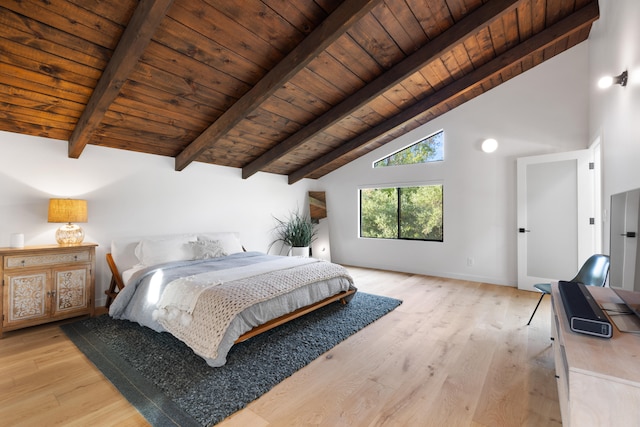 bedroom with wood ceiling, light wood-style flooring, and beam ceiling