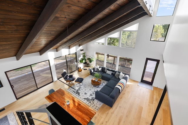 living room with high vaulted ceiling, wood ceiling, beam ceiling, and wood finished floors